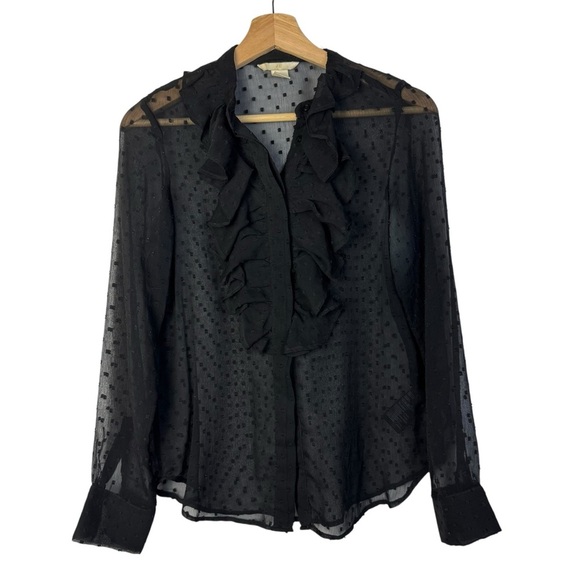 H&M Black Swiss Dot Sheer Ruffle Long Sleeve Button Down 4 - Picture 1 of 5